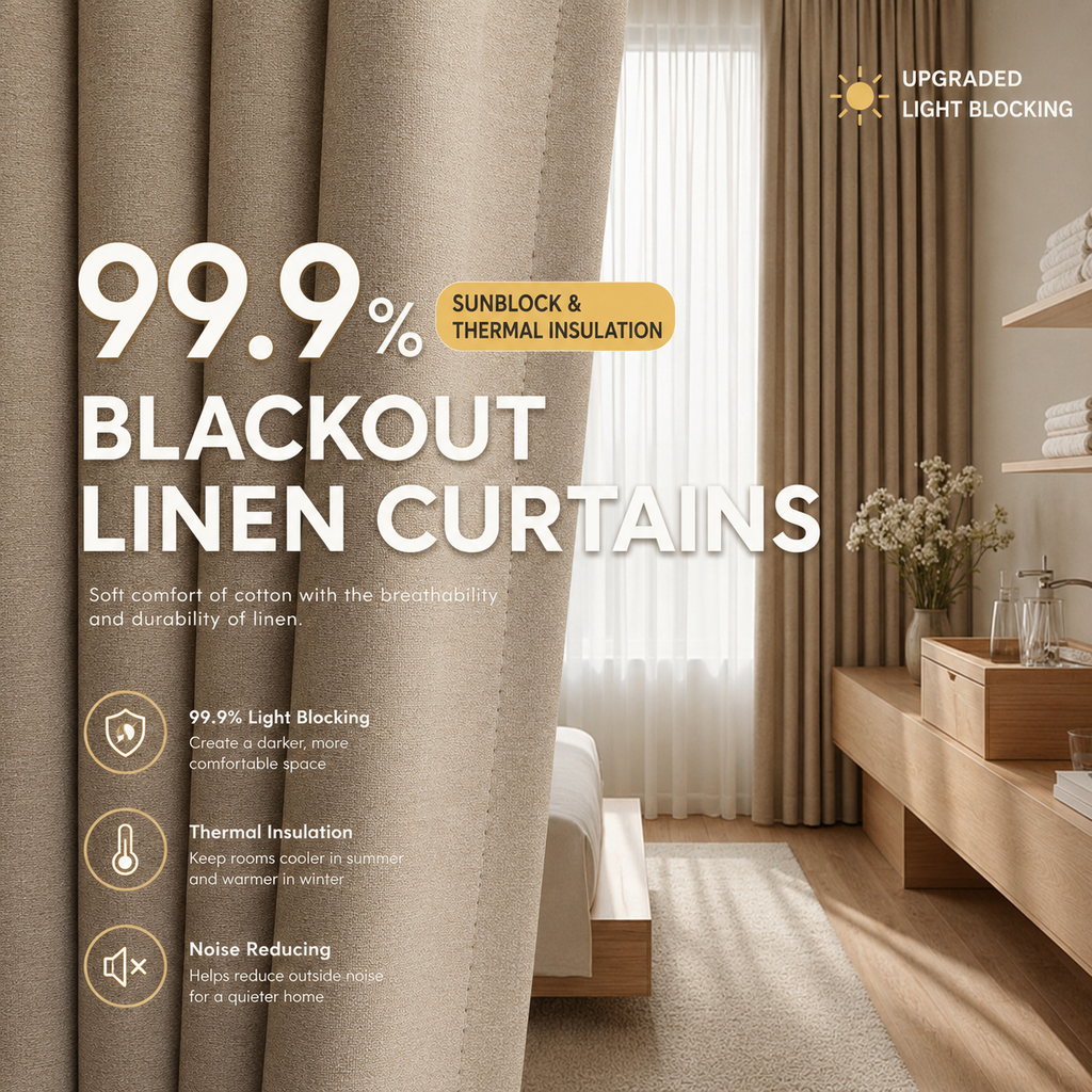 Golden Beige Blackout Curtains – Heavy Textured Linen Blend Drapes with Thermal Insulation