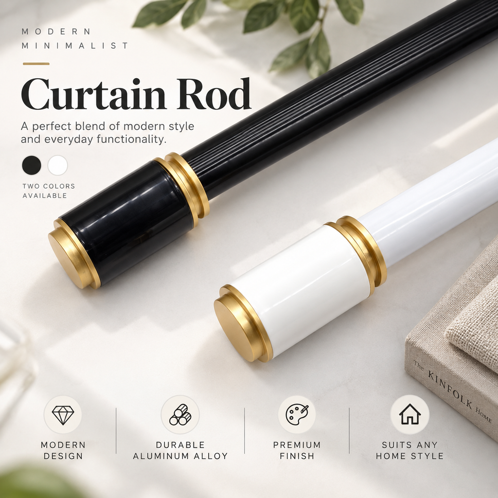 Modern Aluminum Curtain Rod with Gold Finials – Black & White Decorative Drapery Rod