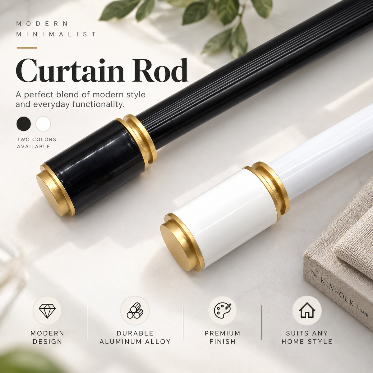 Modern Aluminum Curtain Rod with Gold Finials – Black & White Decorative Drapery Rod