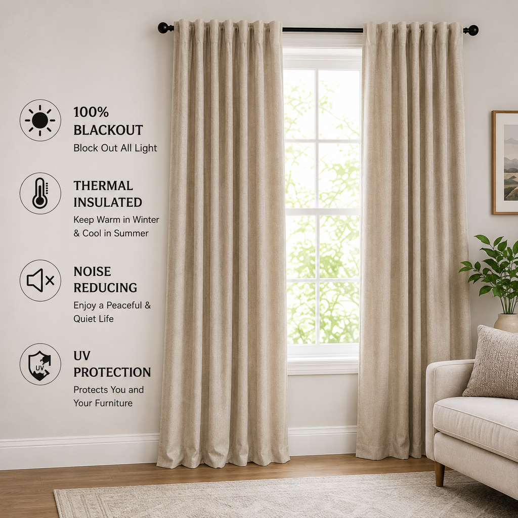 Cream Blackout Curtains, Soft Textured Thermal Insulated Drapes with Blackout Lining