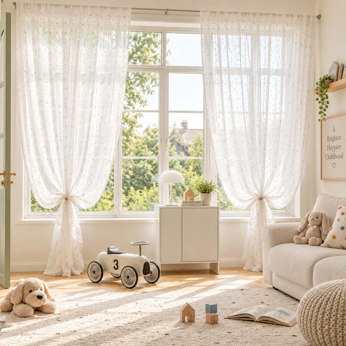 Rainbow Dot Embroidered Sheer Curtains for Kids Room & Nursery
