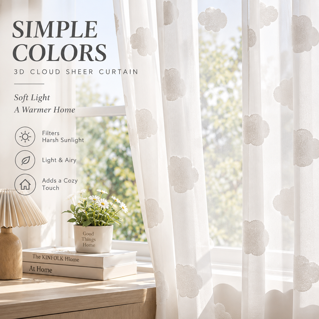 3D Cloud Sheer Curtains – White Light Filtering Curtains for Kids Room & Nursery