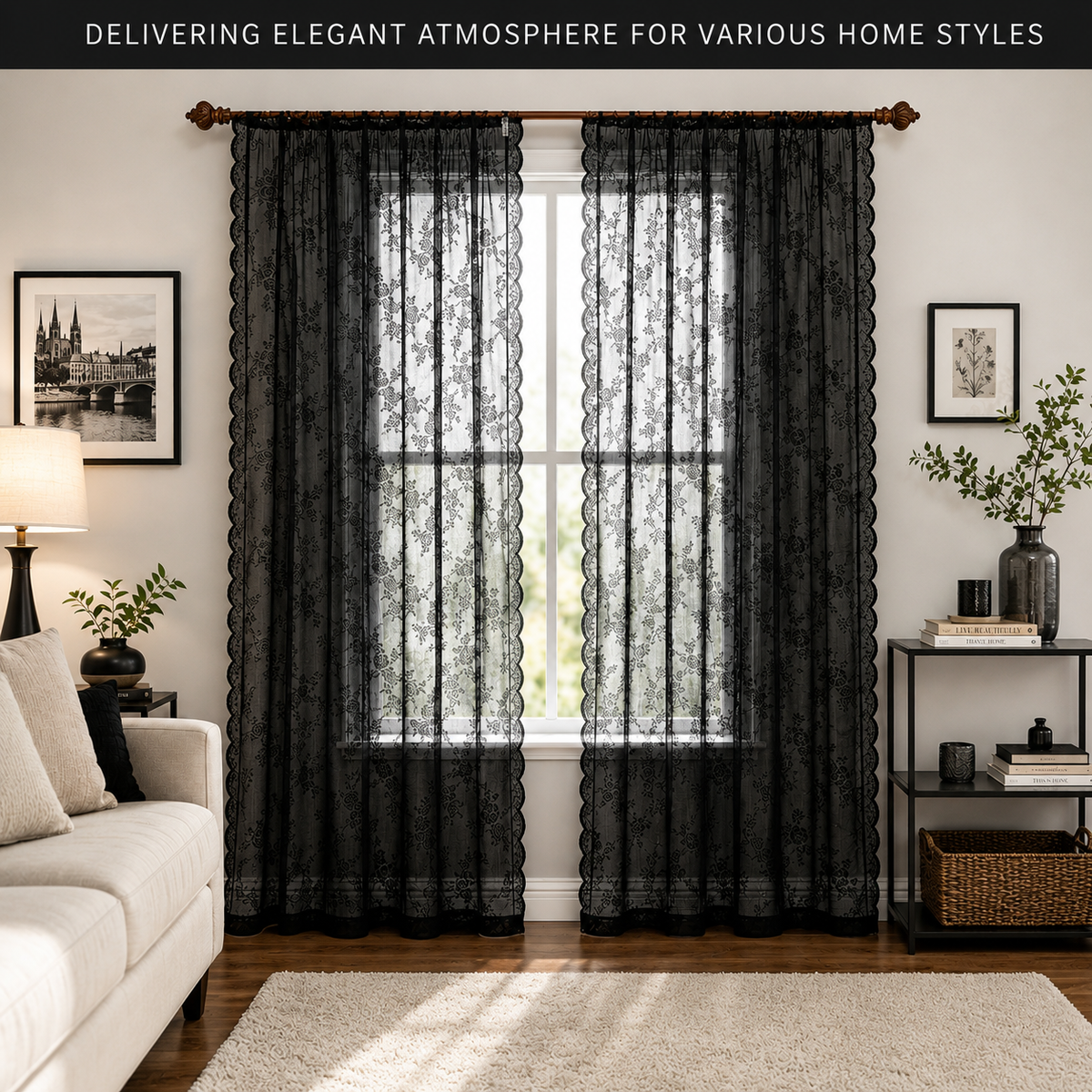 Black Floral Lace Sheer Curtains – Scalloped Edge Decorative Drapes