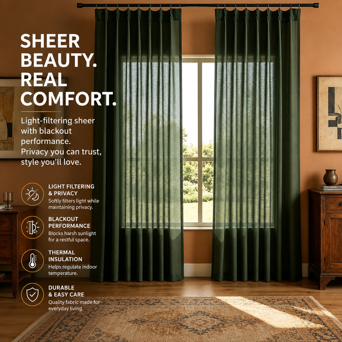Olive Green Linen Blend Semi Sheer Curtains – Textured Light Filtering Drapes