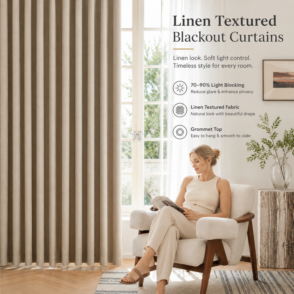 Linen Textured Blackout Curtains – 70–90% Light Blocking, Modern Neutral Window Drapes