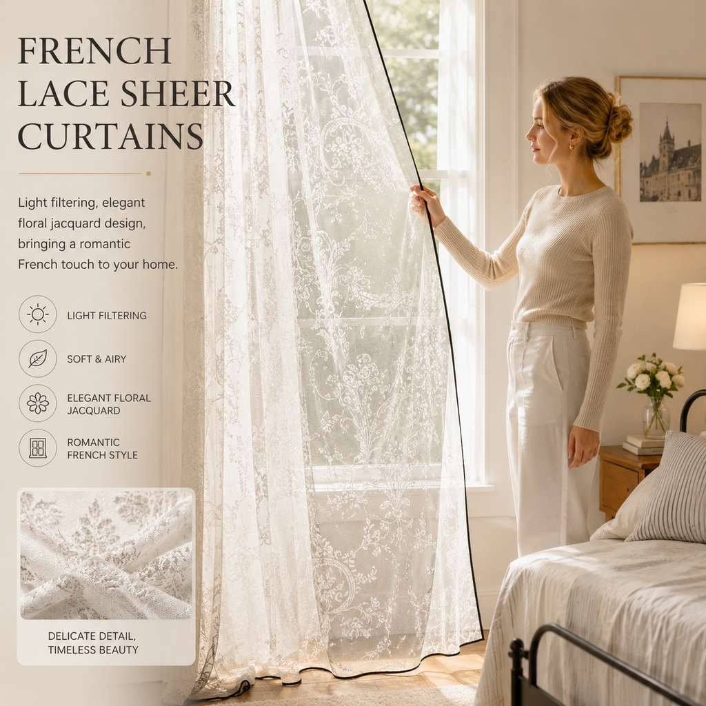 French Lace Jacquard Sheer Curtains – Vintage Floral Light Filtering Drapes