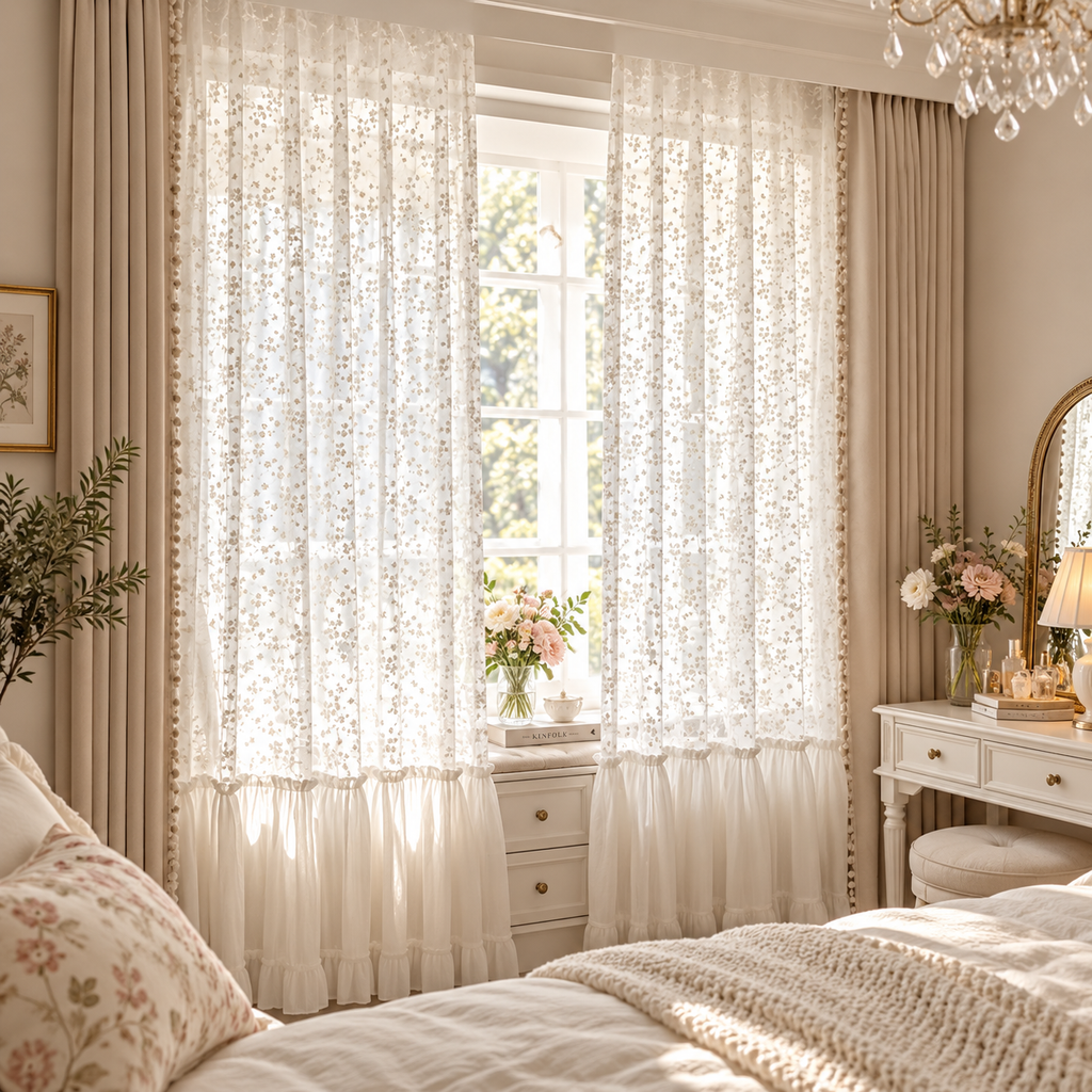 French Country Floral Embroidered Sheer Curtains – Light Filtering Ruffled Window Panels