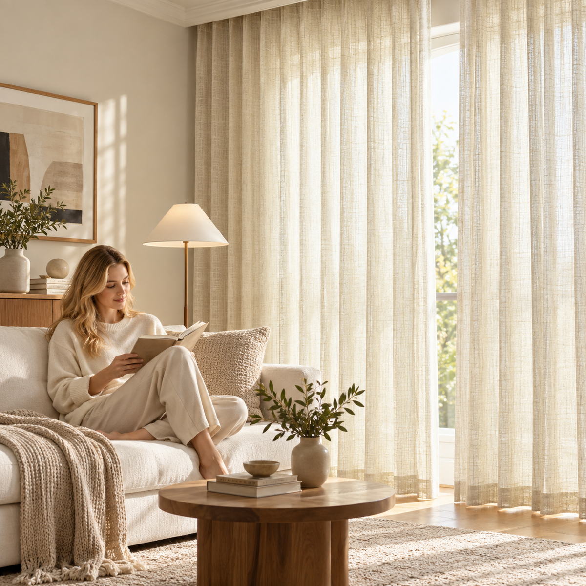 Natural Linen Blend Semi-Sheer Curtains – Textured Light Filtering Drapes