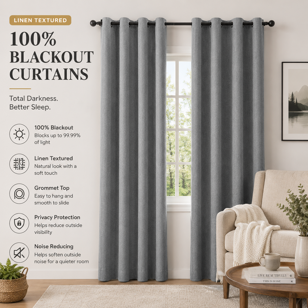 100% Blackout Linen Textured Grommet Curtains