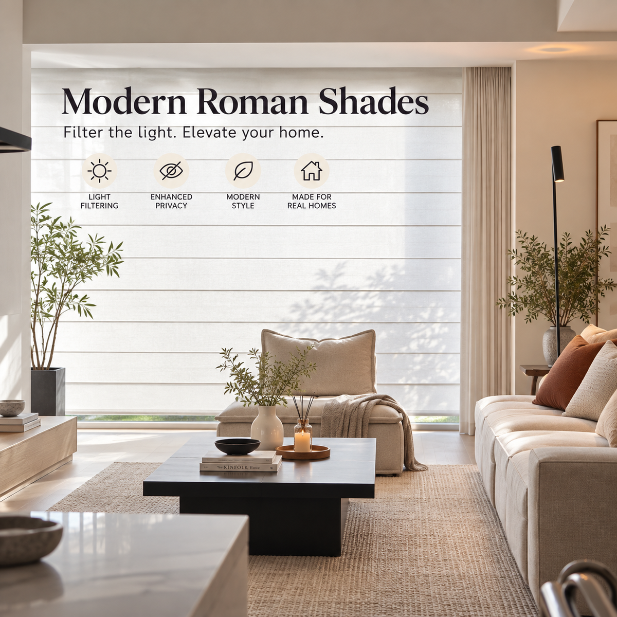 Custom Linen-Look Roman Shades – Light Filtering Window Blinds