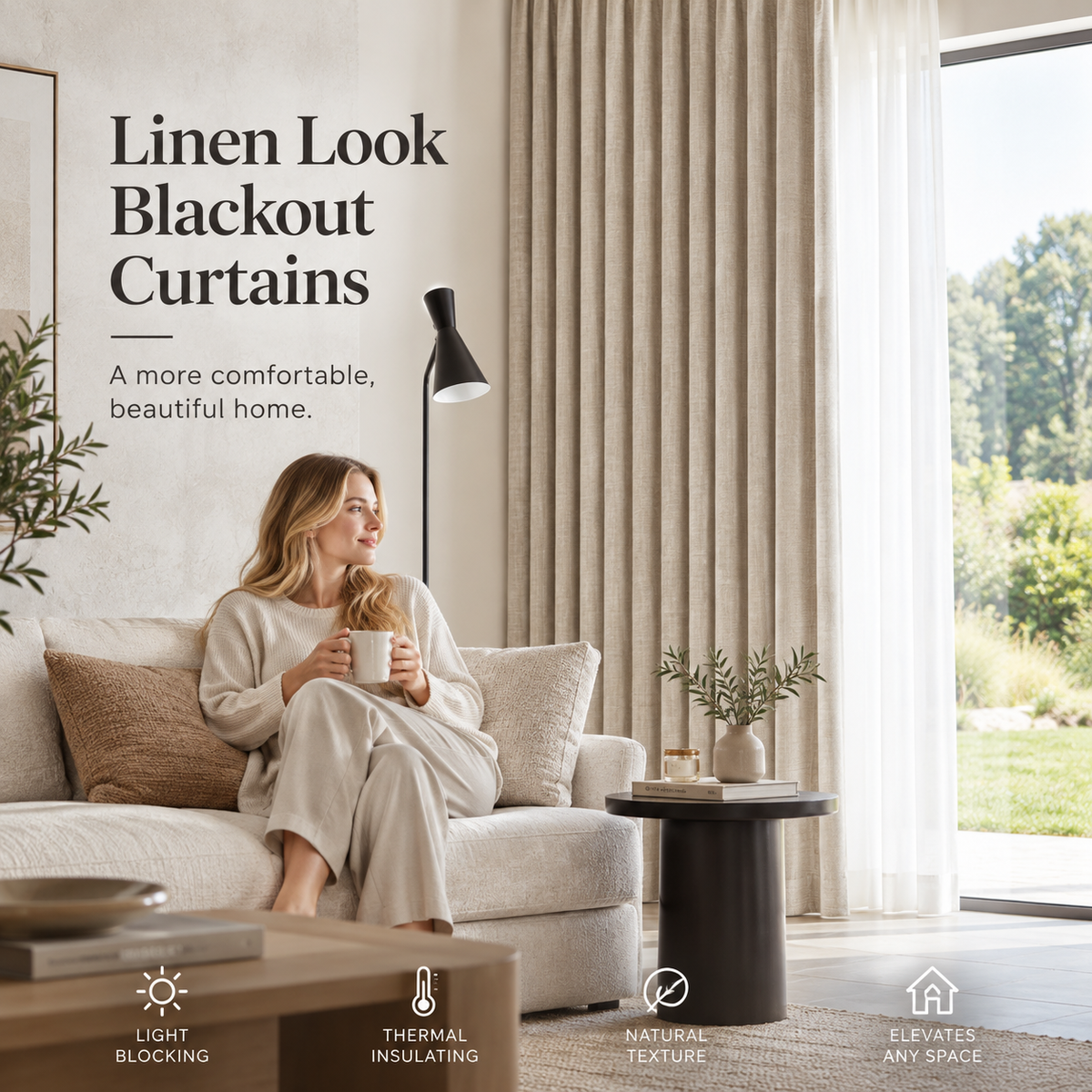 Heavyweight Linen Look Blackout Curtains – Textured Thermal Insulated Drapes for Bedroom & Living Room