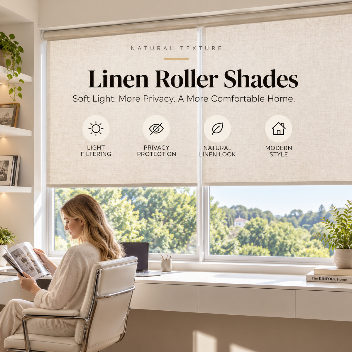Linen Look Light Filtering Roller Shades – Cordless Privacy Window Blinds