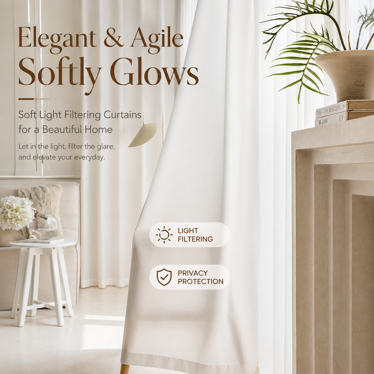 Textured Light Filtering Curtains, Soft Privacy Sheer Drapes for Living Room & Bedroom