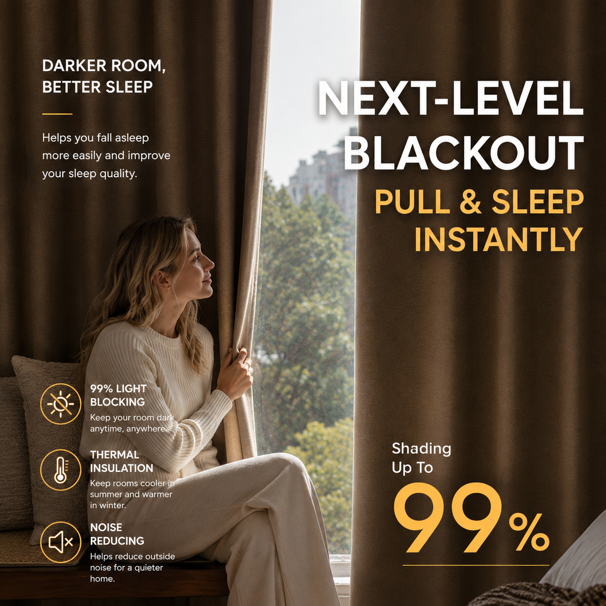 Golden Beige Blackout Curtains – Heavy Textured Linen Blend Drapes with Thermal Insulation