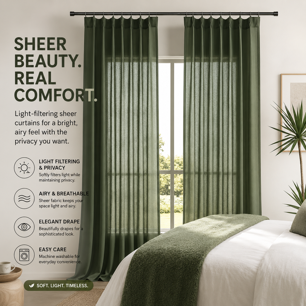 Olive Green Linen Blend Semi Sheer Curtains – Textured Light Filtering Drapes