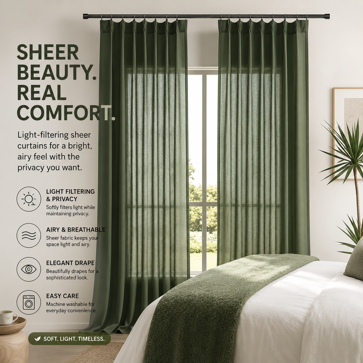 Olive Green Linen Blend Semi Sheer Curtains – Textured Light Filtering Drapes