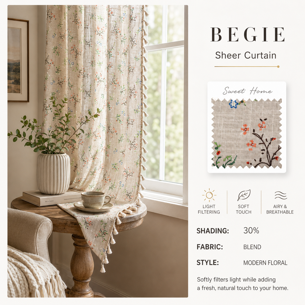 Daisy Floral Linen Look Curtains – Light Filtering Cottage Drapes