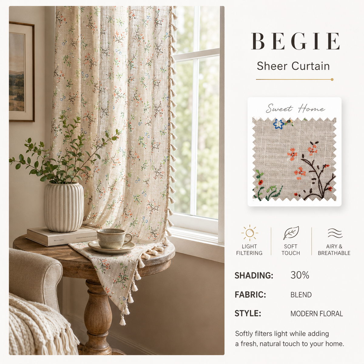 Daisy Floral Linen Look Curtains – Light Filtering Cottage Drapes
