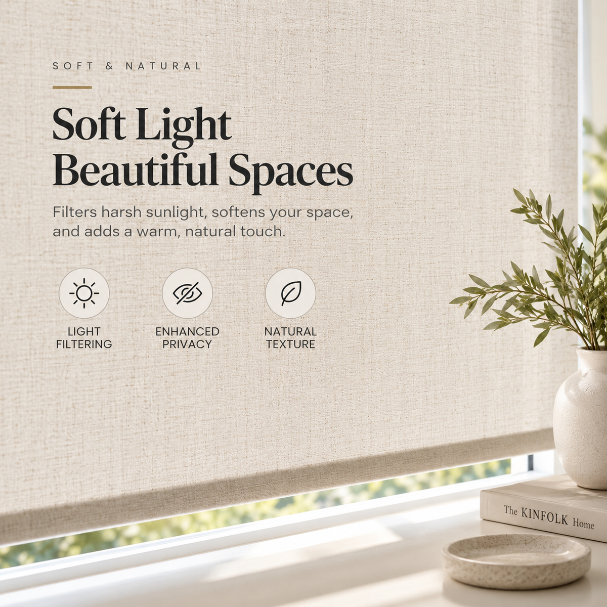 Linen Look Light Filtering Roller Shades – Cordless Privacy Window Blinds