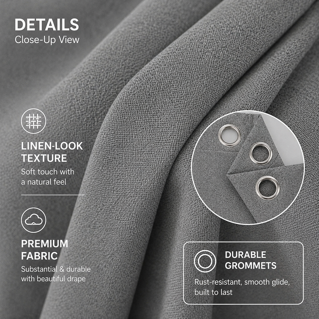 100% Blackout Linen Textured Grommet Curtains