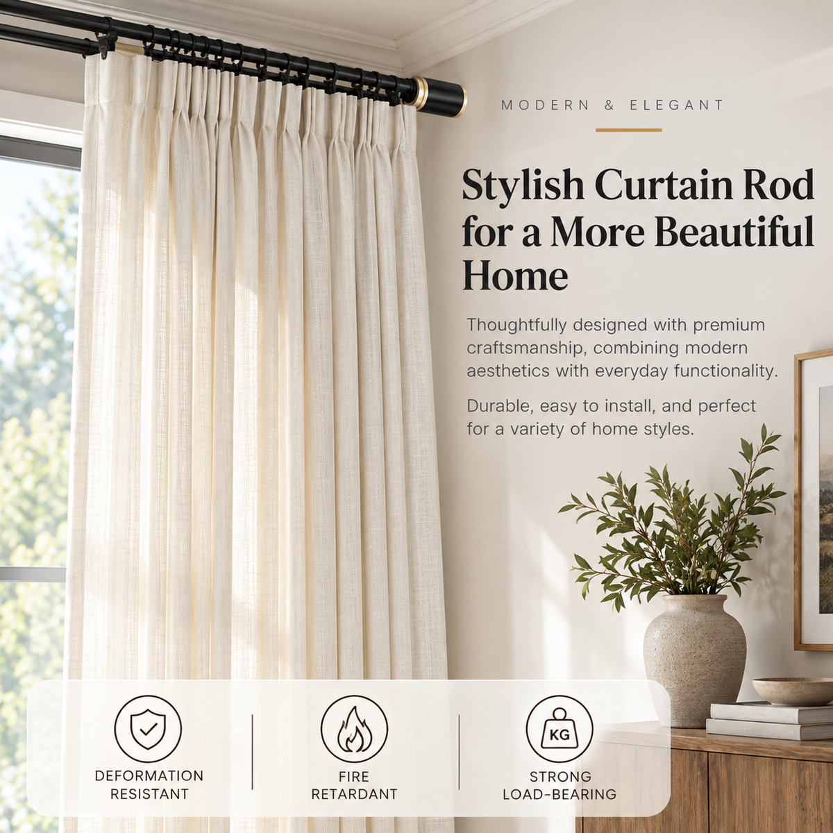 Modern Aluminum Curtain Rod with Gold Finials – Black & White Decorative Drapery Rod