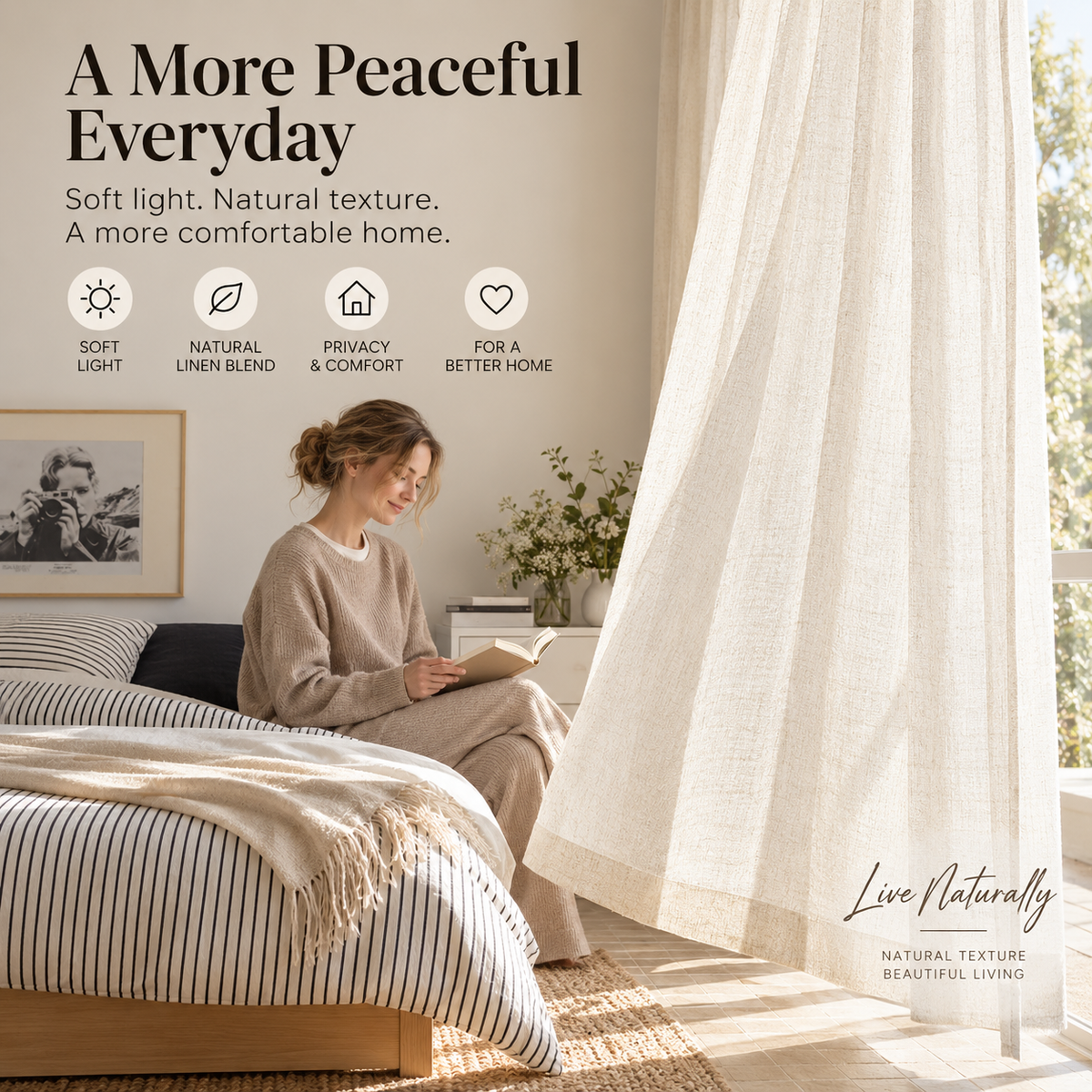 Natural Linen Blend Light Filtering Curtains – Textured Semi-Sheer Window Panels