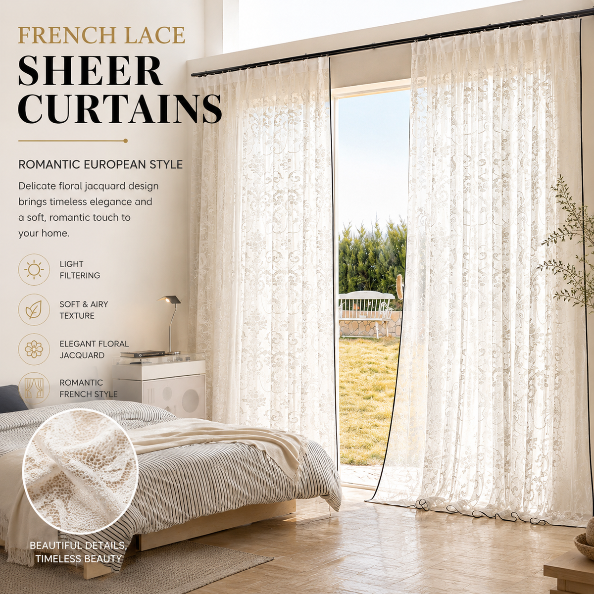 French Lace Jacquard Sheer Curtains – Vintage Floral Light Filtering Drapes