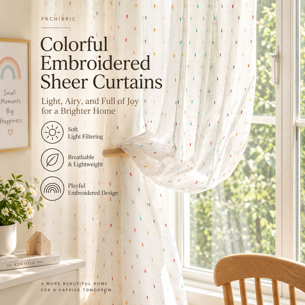 Rainbow Dot Embroidered Sheer Curtains for Kids Room & Nursery