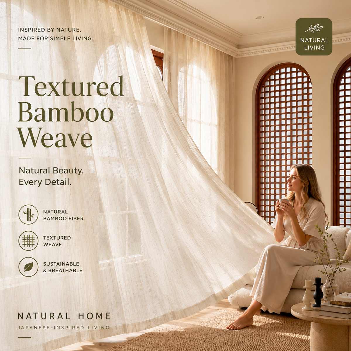 Natural Beige Textured Light Filtering Curtains – Linen Look Sheer Drapes
