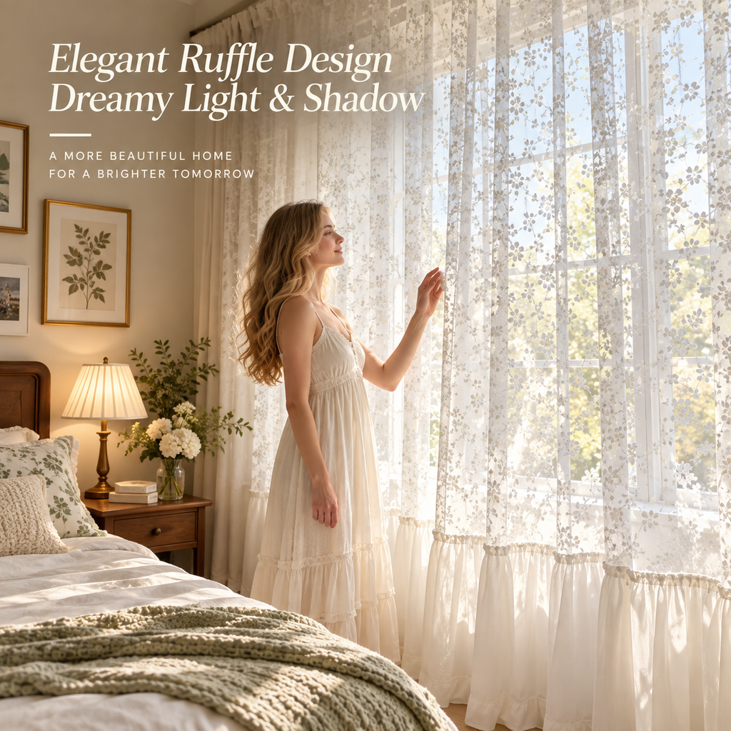 French Country Floral Embroidered Sheer Curtains – Light Filtering Ruffled Window Panels