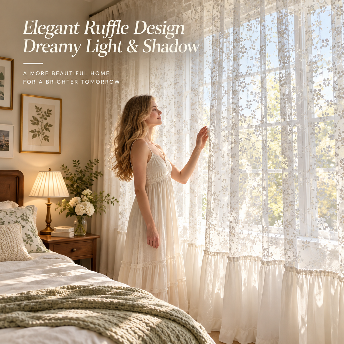 French Country Floral Embroidered Sheer Curtains – Light Filtering Ruffled Window Panels