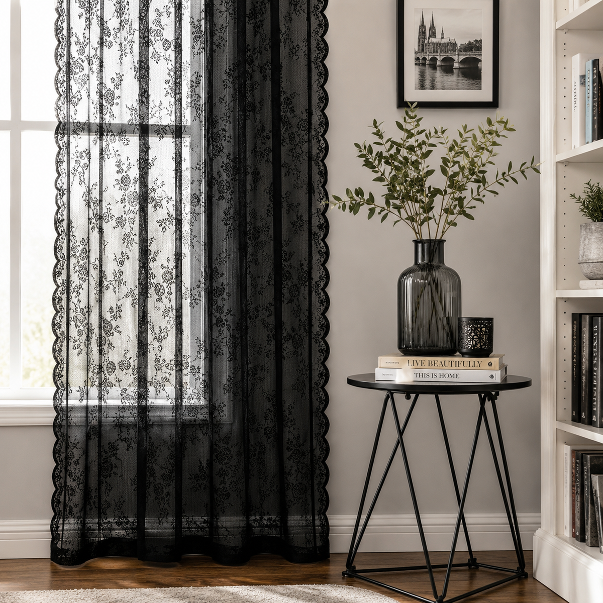 Black Floral Lace Sheer Curtains – Scalloped Edge Decorative Drapes