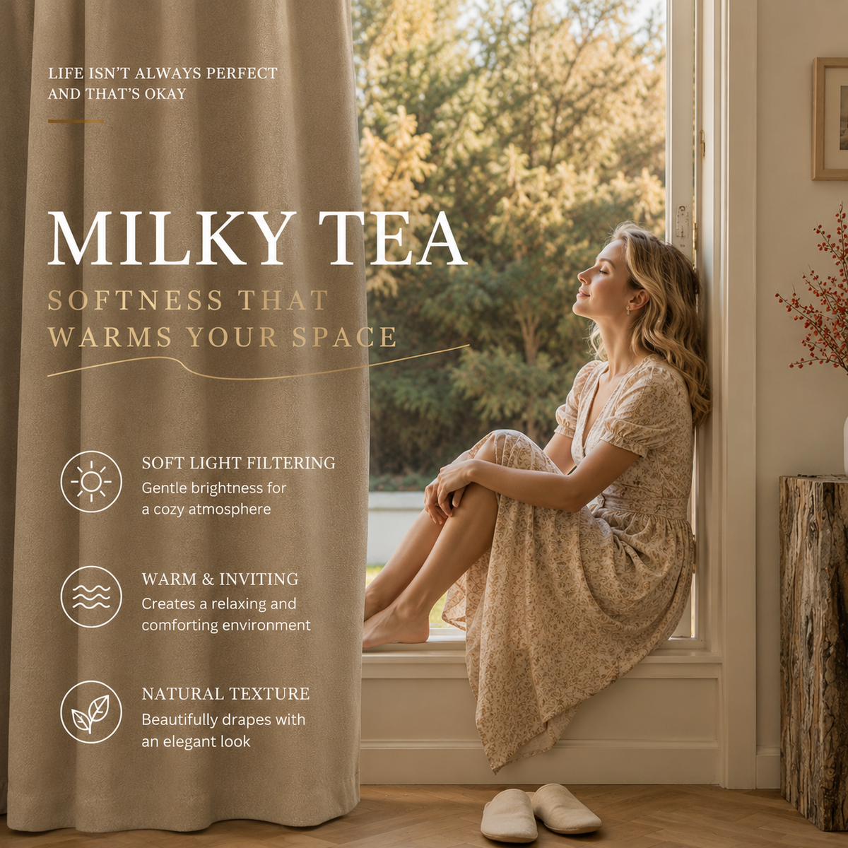 Milky Tea Textured Curtains – Soft Wrinkle-Resistant Drapes for Living Room & Bedroom