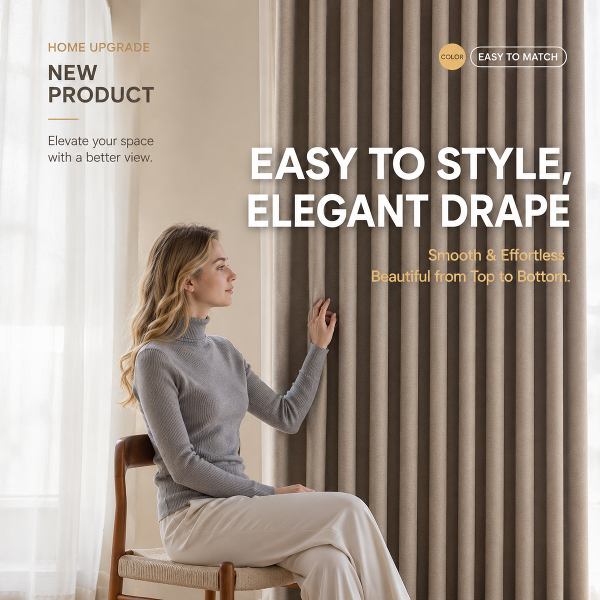 Golden Beige Blackout Curtains – Heavy Textured Linen Blend Drapes with Thermal Insulation