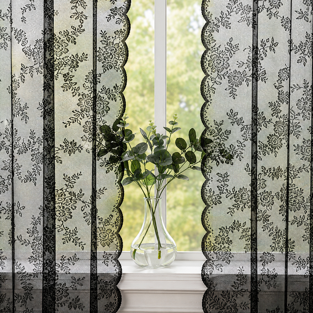 Black Floral Lace Sheer Curtains – Scalloped Edge Decorative Drapes