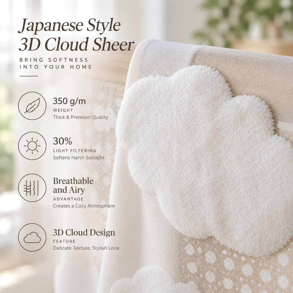 3D Cloud Sheer Curtains – White Light Filtering Curtains for Kids Room & Nursery