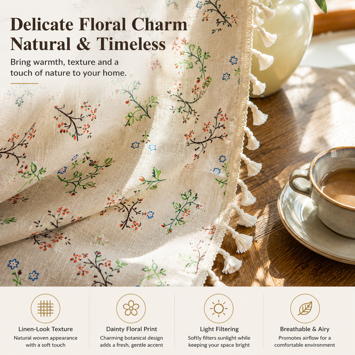 Daisy Floral Linen Look Curtains – Light Filtering Cottage Drapes