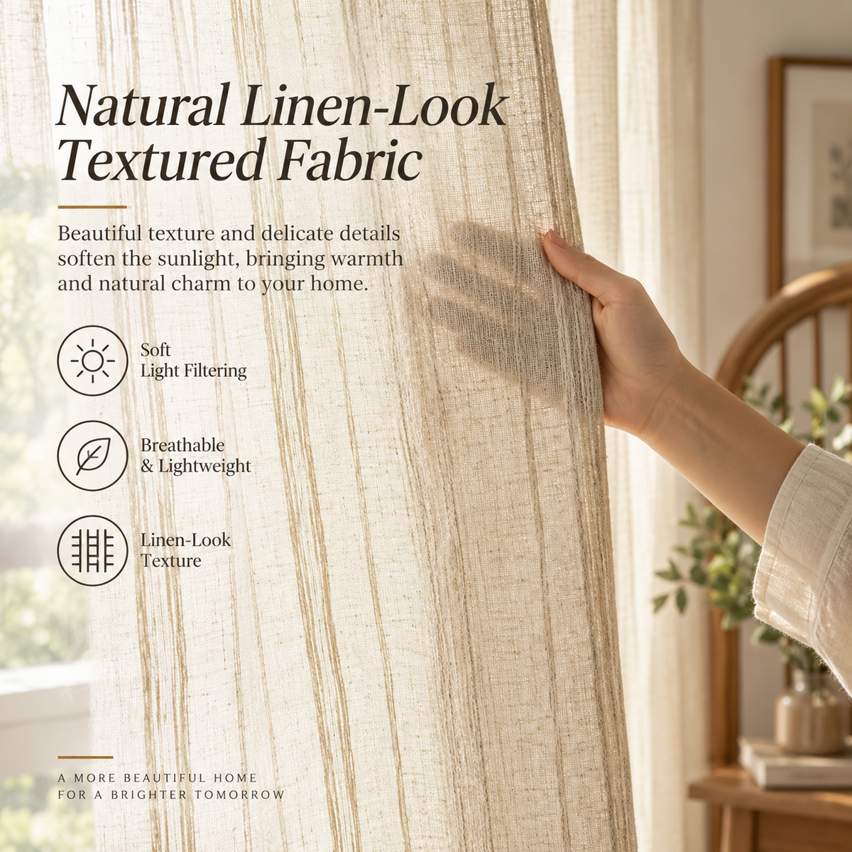 Linen-Look Sheer Curtains – Natural Textured Light Filtering Window Panels