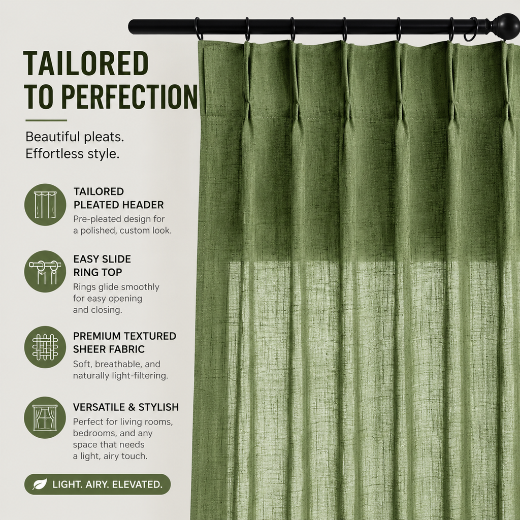 Olive Green Linen Blend Semi Sheer Curtains – Textured Light Filtering Drapes