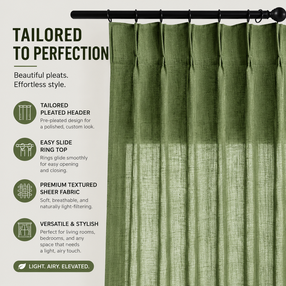 Olive Green Linen Blend Semi Sheer Curtains – Textured Light Filtering Drapes