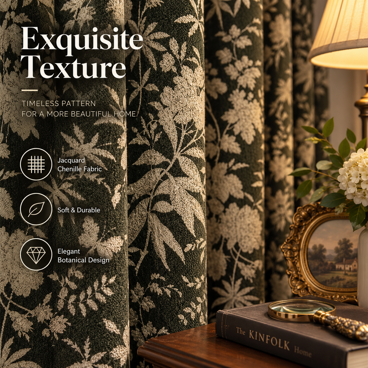 Vintage Botanical Chenille Curtains – Jacquard Room Darkening Drapes
