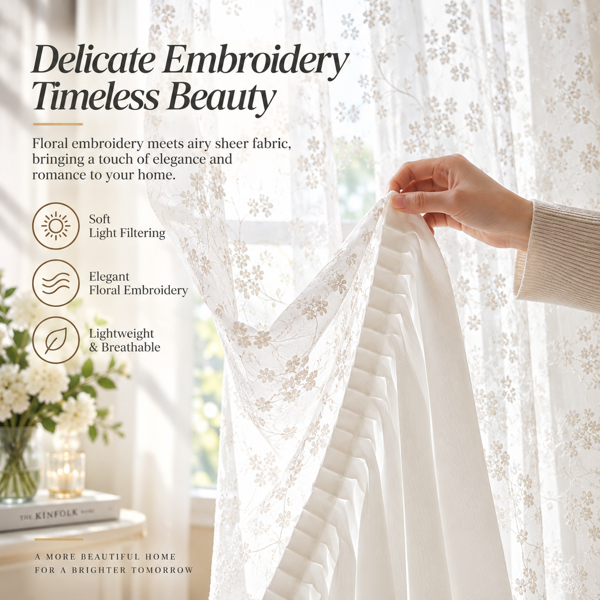 French Country Floral Embroidered Sheer Curtains – Light Filtering Ruffled Window Panels