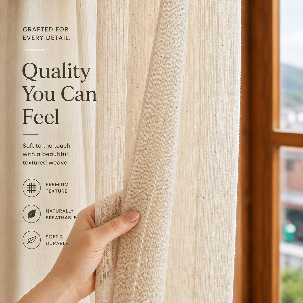 Natural Beige Textured Light Filtering Curtains – Linen Look Sheer Drapes