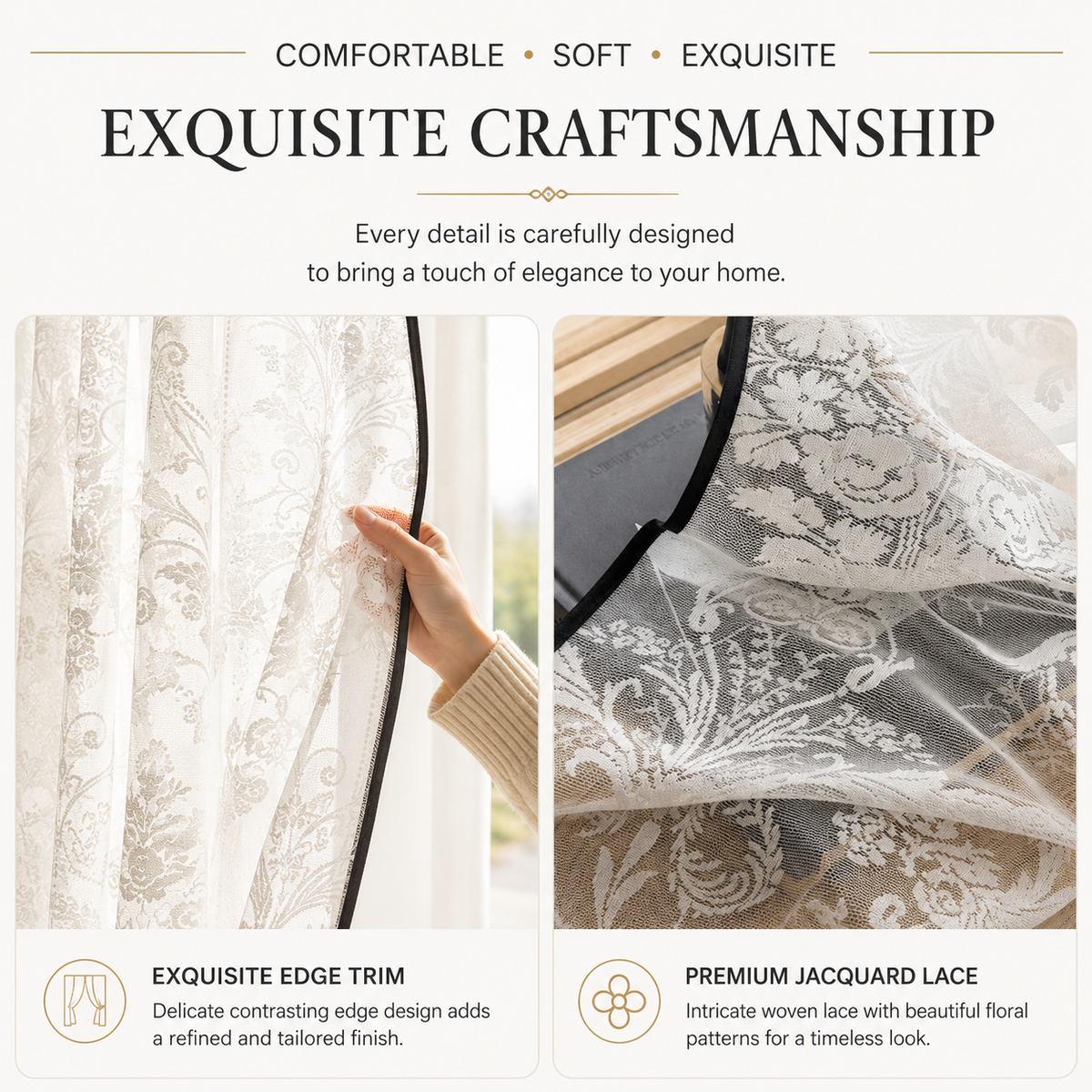 French Lace Jacquard Sheer Curtains – Vintage Floral Light Filtering Drapes