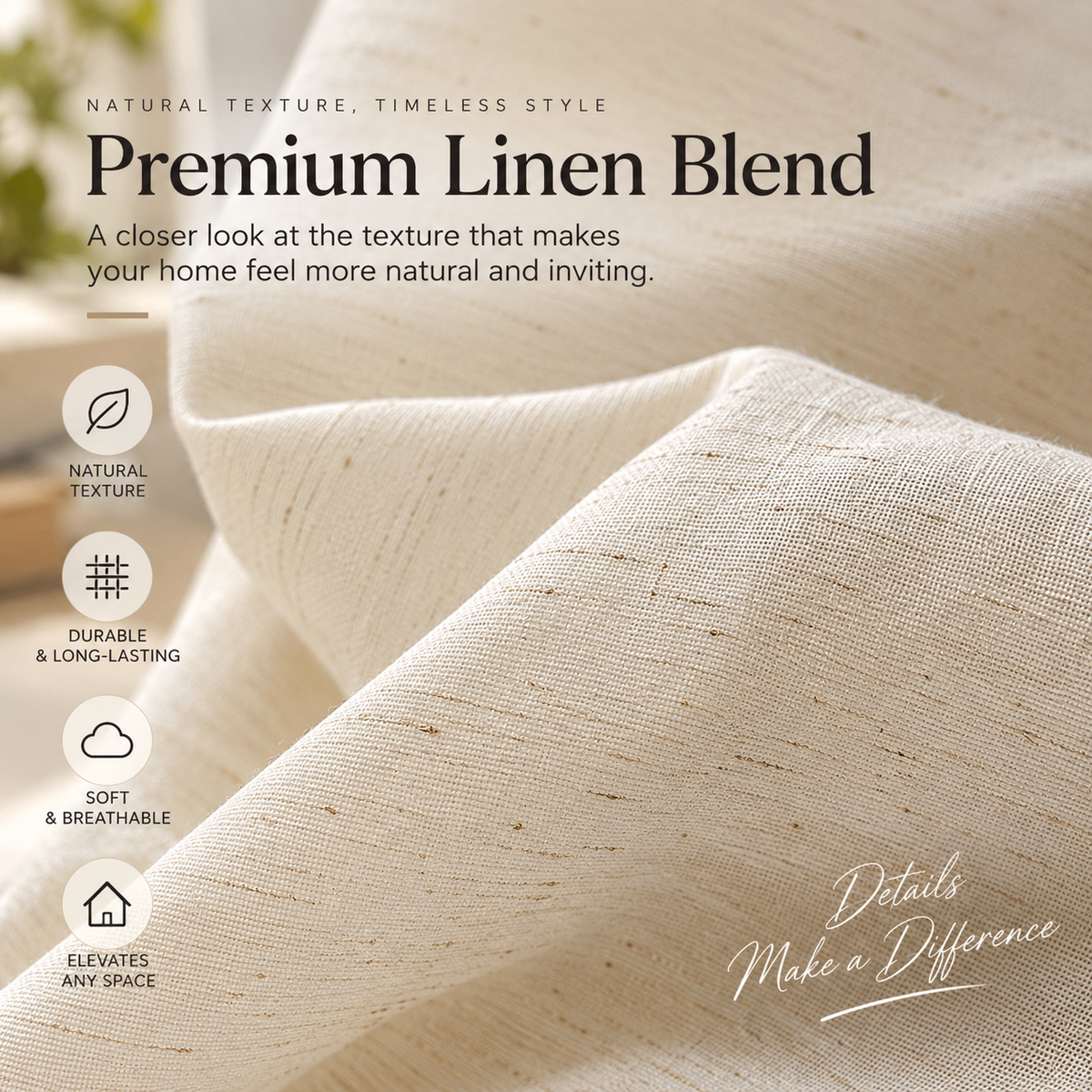 Natural Linen Blend Light Filtering Curtains – Textured Semi-Sheer Window Panels