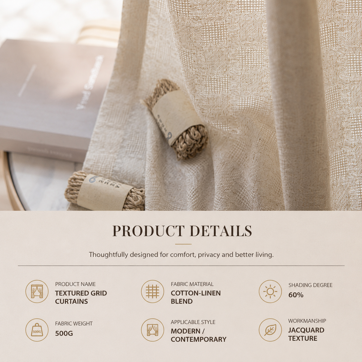 Textured Grid Light Filtering Curtains – Jacquard Privacy Drapes