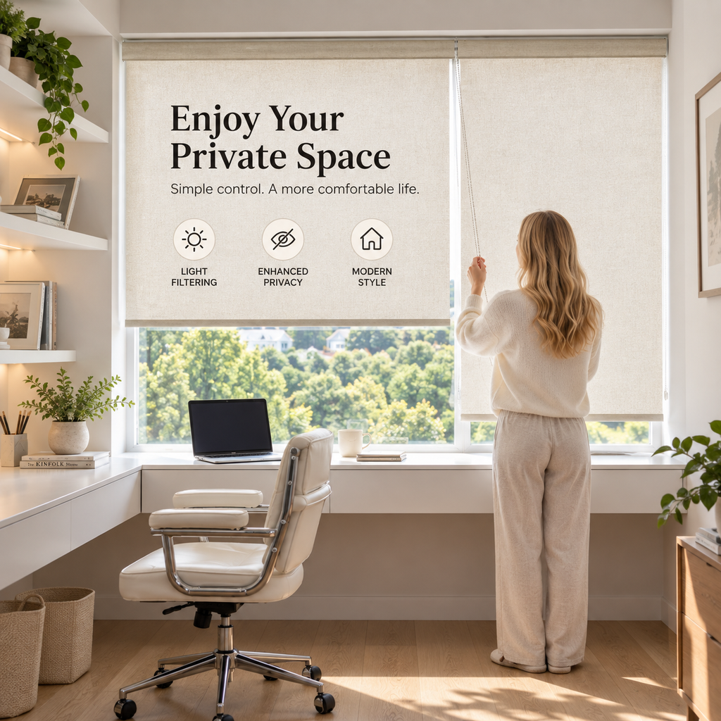 Linen Look Light Filtering Roller Shades – Cordless Privacy Window Blinds