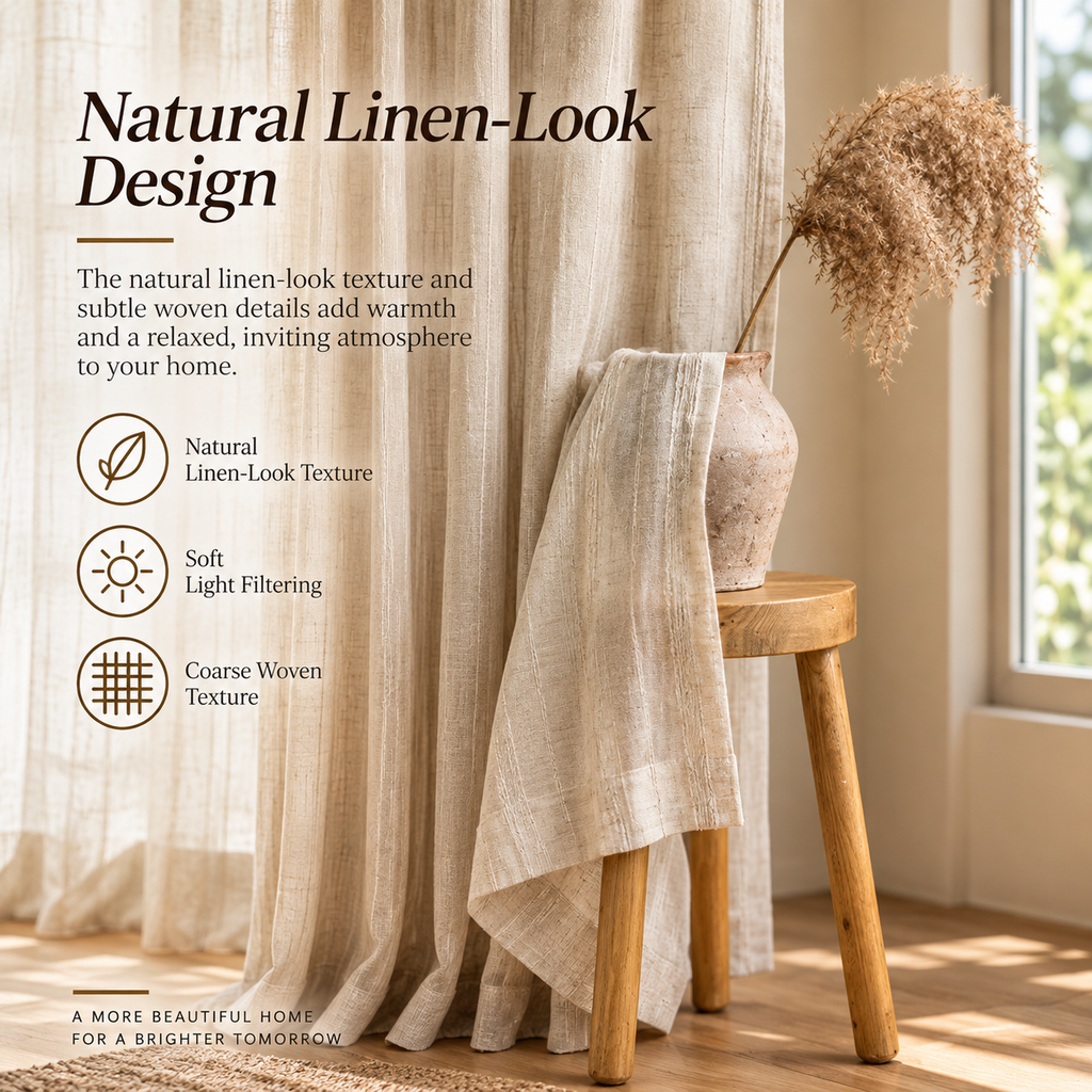 Linen-Look Sheer Curtains – Natural Textured Light Filtering Window Panels