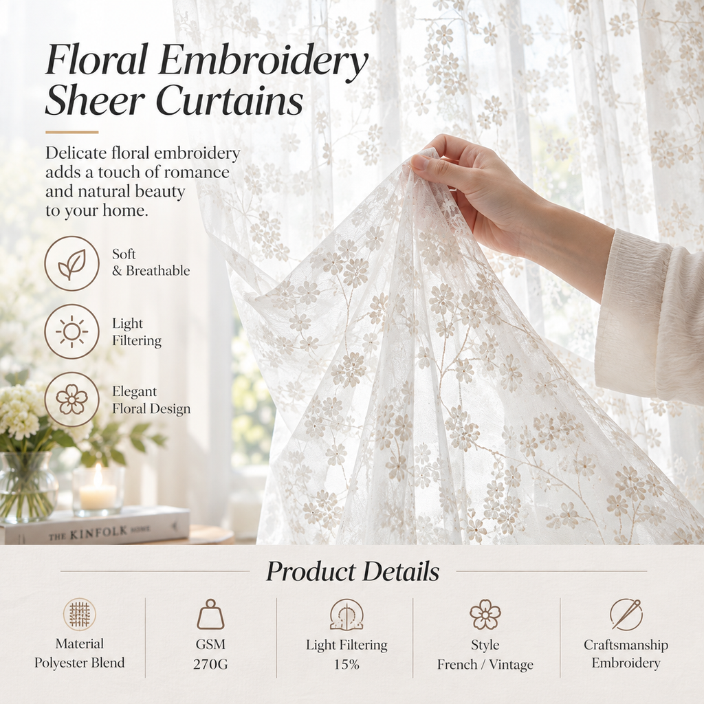 French Country Floral Embroidered Sheer Curtains – Light Filtering Ruffled Window Panels
