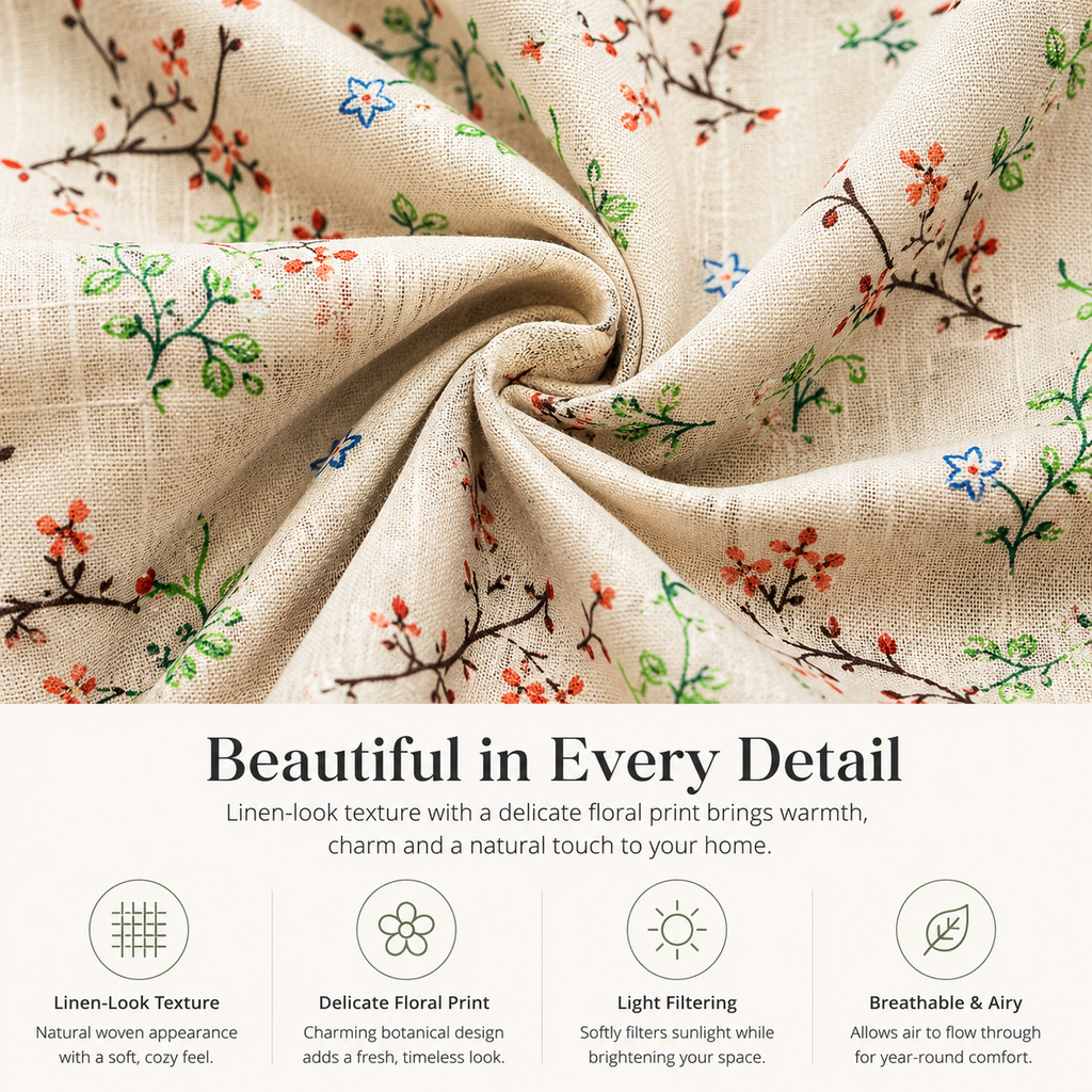Daisy Floral Linen Look Curtains – Light Filtering Cottage Drapes